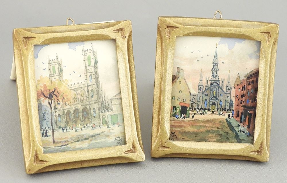 Two Miniature Watercolours signed WMM (William Morse Mitchell), 2 1/4 x 1 3/4", "Notre Dame" &..: Two Miniature Watercolours signed WMM (William Morse Mitchell), 2 1/4 x 1 3/4", "Notre Dame" &..