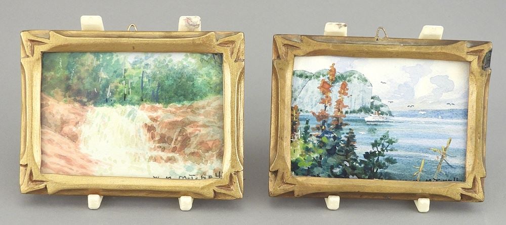 Two Miniature Watercolours signed WMM (William Morse Mitchell), 2 1/4 x 3 1/4", "Bear Falls" &..: Two Miniature Watercolours signed WMM (William Morse Mitchell), 2 1/4 x 3 1/4", "Bear Falls" &..
