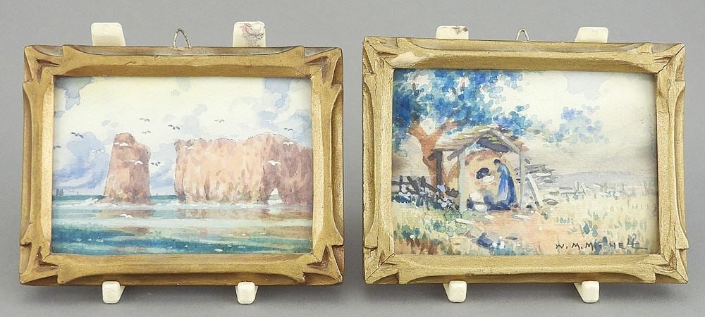 Two Miniature Watercolours signed WMM (William Morse Mitchell), 2 1/4 x 3 1/4", "Perce Rock" &..: Two Miniature Watercolours signed WMM (William Morse Mitchell), 2 1/4 x 3 1/4", "Perce Rock" &..