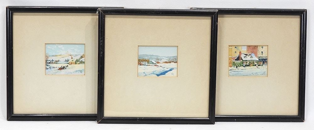 Three Miniature Watercolours signed WMM (William Morse Mitchell), 1 7/8 x 2 3/8", "Snow Scen: Three Miniature Watercolours signed WMM (William Morse Mitchell), 1 7/8 x 2 3/8", "Snow Scen