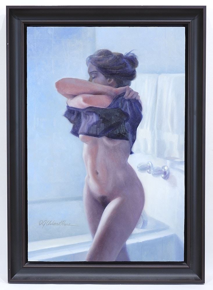 Oil on Board signed D.J. Cleland- Hura, 24 x 16", "Dans Le Bains".: Oil on Board signed D.J. Cleland- Hura, 24 x 16", "Dans Le Bains".