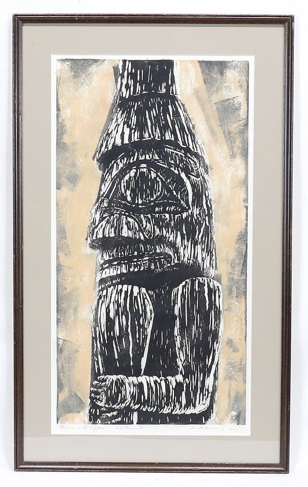 Block Print signed Ruth Harvey 1961, 20 x 10 1/2", "Man With Copper Old Masset".: Block Print signed Ruth Harvey 1961, 20 x 10 1/2", "Man With Copper Old Masset".