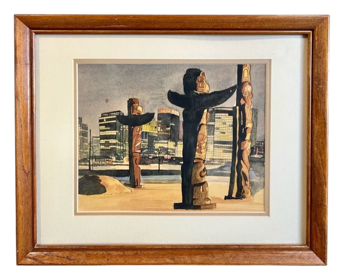 Watercolour Attributed to Hana Triska, 7 3/8 x 9 1/2" "Vancouver Skyline".: Watercolour Attributed to Hana Triska, 7 3/8 x 9 1/2" "Vancouver Skyline".