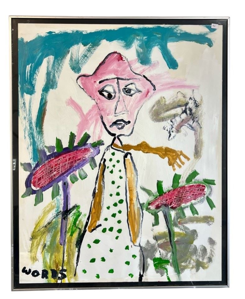 Acrylic on Paper signed Words, 28 1/2 x 22 1/2" "Farming".: Acrylic on Paper signed Words, 28 1/2 x 22 1/2" "Farming".