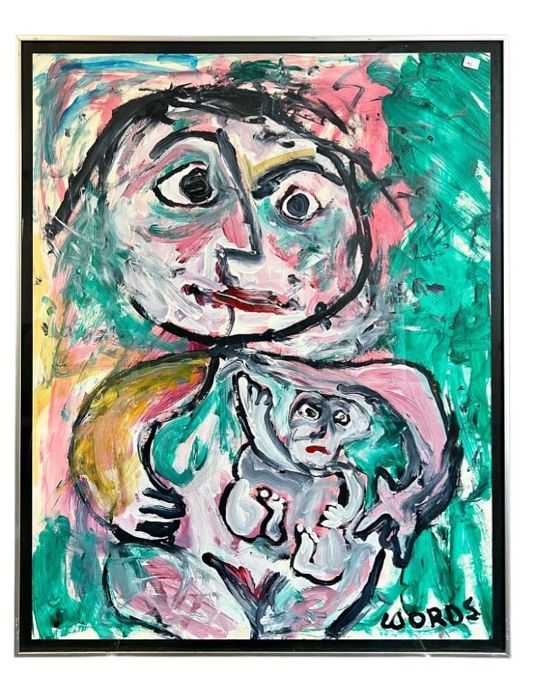 Acrylic on Paper signed Words, 28 1/2 x 22 1/2" "Mother & Child".: Acrylic on Paper signed Words, 28 1/2 x 22 1/2" "Mother & Child".