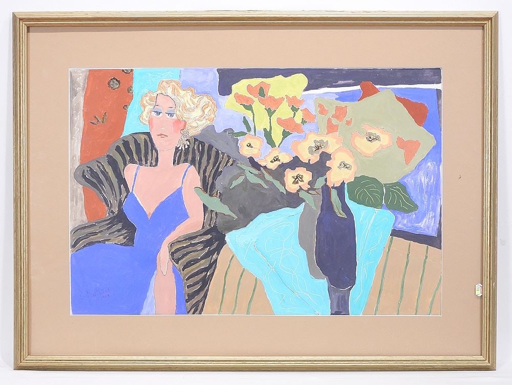 Acrylic on Paper signed D. (Dolores) Dykstra 1997, 17 x 25 1/2", "Seated Woman With Bouquet".: Acrylic on Paper signed D. (Dolores) Dykstra 1997, 17 x 25 1/2", "Seated Woman With Bouquet".