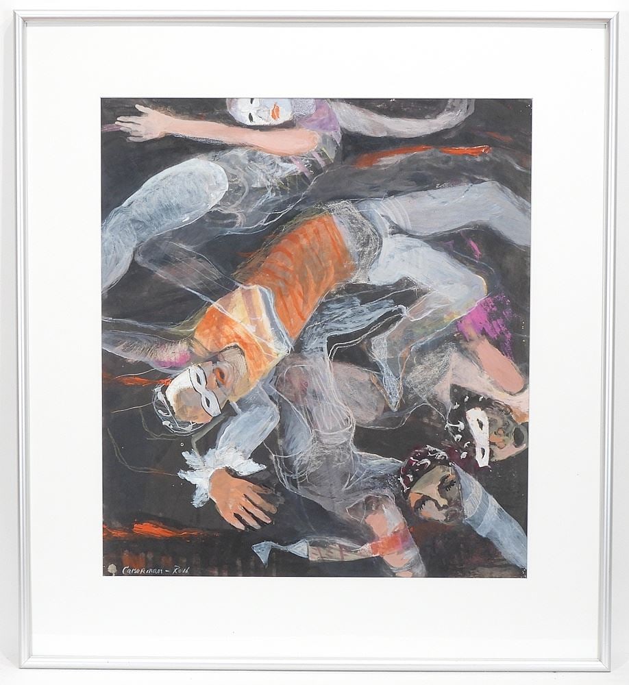 Mixed Media on Paper signed (Ghitta) Caiserman-Roth, 20 3/4 x 23", "Masked Acrobats".: Mixed Media on Paper signed (Ghitta) Caiserman-Roth, 20 3/4 x 23", "Masked Acrobats".