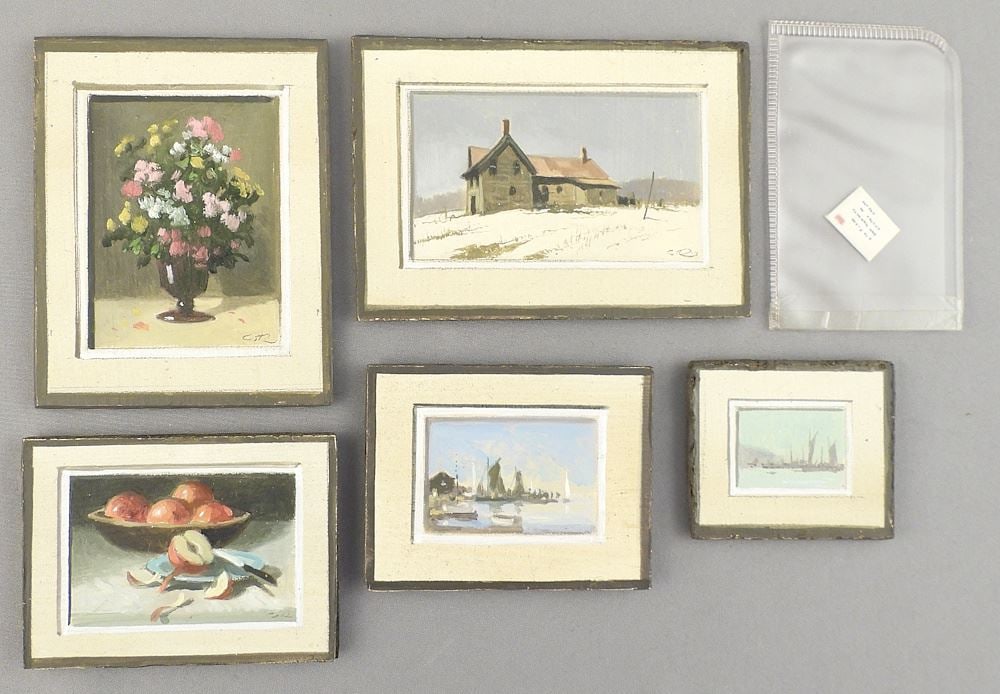 Five Miniature Paintings by G. Rock, & an Envelope, Largest 2 x 3".: Five Miniature Paintings by G. Rock, & an Envelope, Largest 2 x 3".