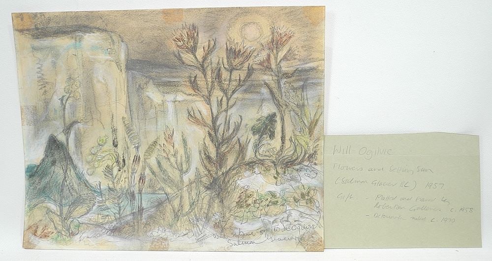 Drawing signed Will Ogilvie, 8 3/8 x 10 3/4", "Flowers & Setting Sun", Unframed (adhesive noted).: Drawing signed Will Ogilvie, 8 3/8 x 10 3/4", "Flowers & Setting Sun", Unframed (adhesive noted).