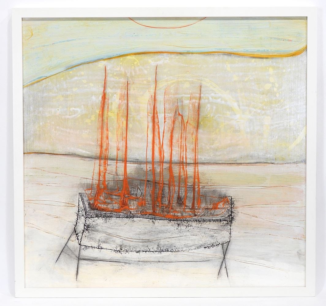 Mixed Media on Panel signed (Michael) Pittman, 23 x 24", "Pin Cherries (burning blight)": Mixed Media on Panel signed (Michael) Pittman, 23 x 24", "Pin Cherries (burning blight)"