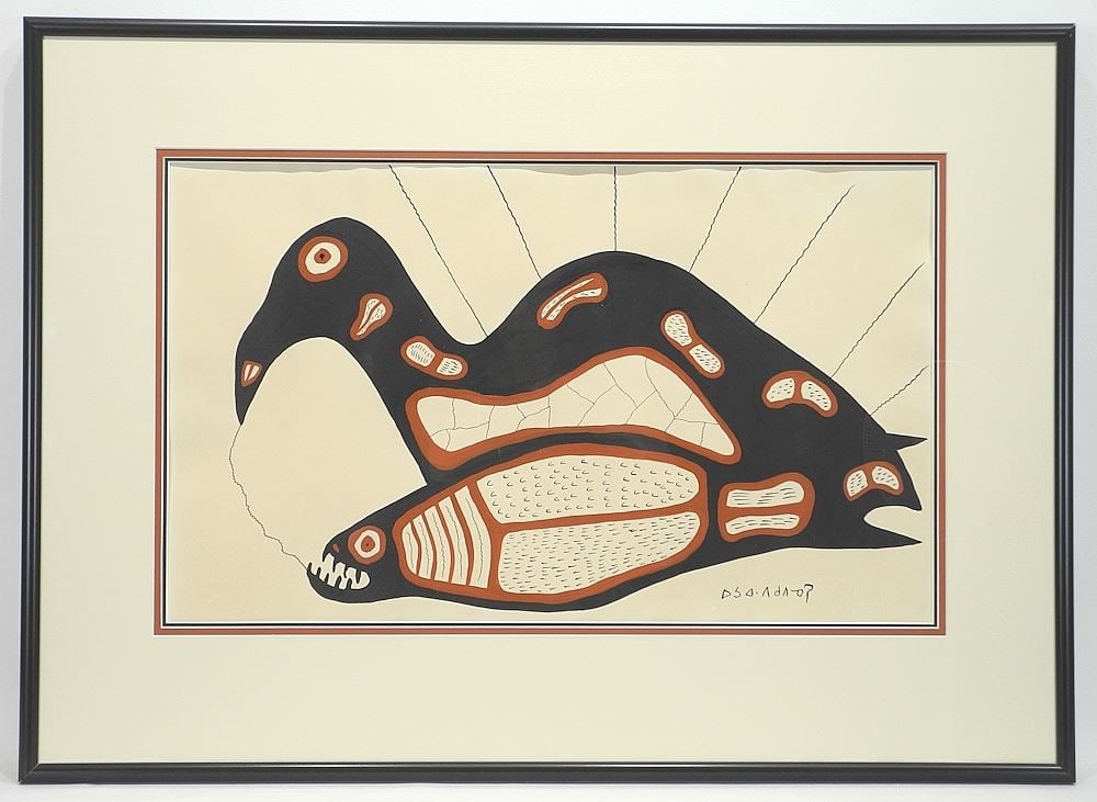 Ink & Tempera on Paper signed Norval Morrisseau, 13 3/8 x 22 1/2", "Loon & Fish". (1 of 4)