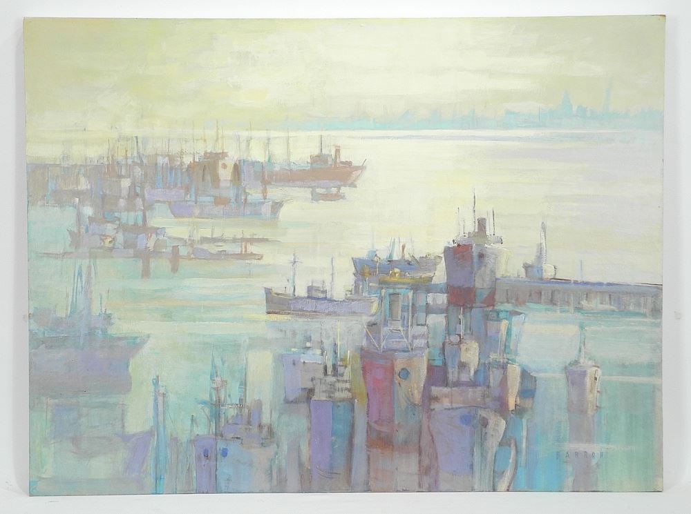 Tempera & Acrylic on Board signed (Sid) Barron, 24 x 32", "Untitled Harbour Scene".: Tempera & Acrylic on Board signed (Sid) Barron, 24 x 32", "Untitled Harbour Scene".