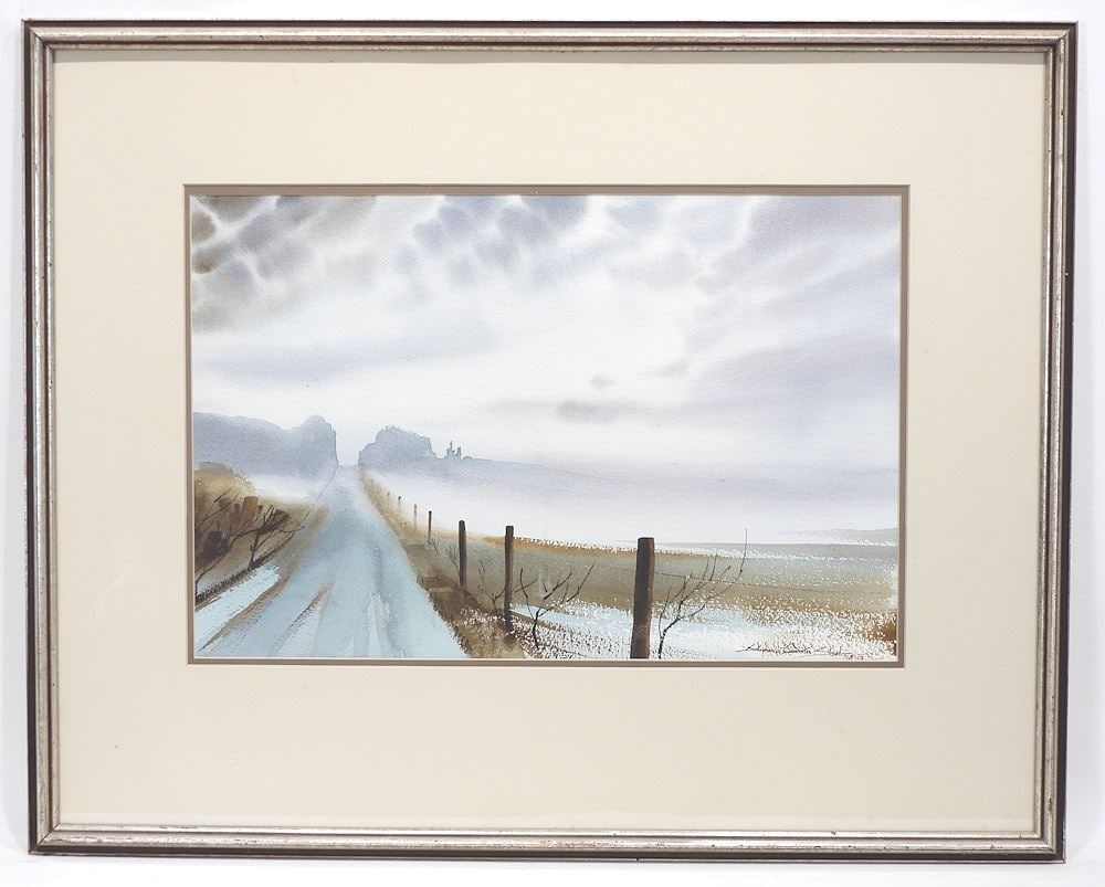 Watercolour signed Stephanie Quainton Steel '75, 13 1/2 x 20 1/2" "Misty Runways".: Watercolour signed Stephanie Quainton Steel '75, 13 1/2 x 20 1/2" "Misty Runways".