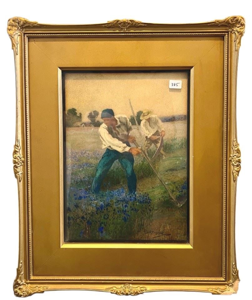 Watercolour signed W Brock 1900, 11 x 8", "Working The Fields".: Watercolour signed W Brock 1900, 11 x 8", "Working The Fields".