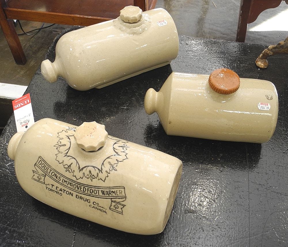 3 Stoneware Blind Pigs: Eaton Doulton/Medalta/Pearson's, 9 1/4 - 11 1/4".: 3 Stoneware Blind Pigs: Eaton Doulton/Medalta/Pearson's, 9 1/4 - 11 1/4".