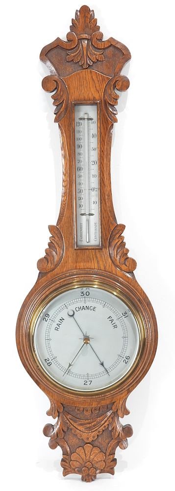 Late 19th C. Oak Barometer, 36"h.: Late 19th C. Oak Barometer, 36"h.