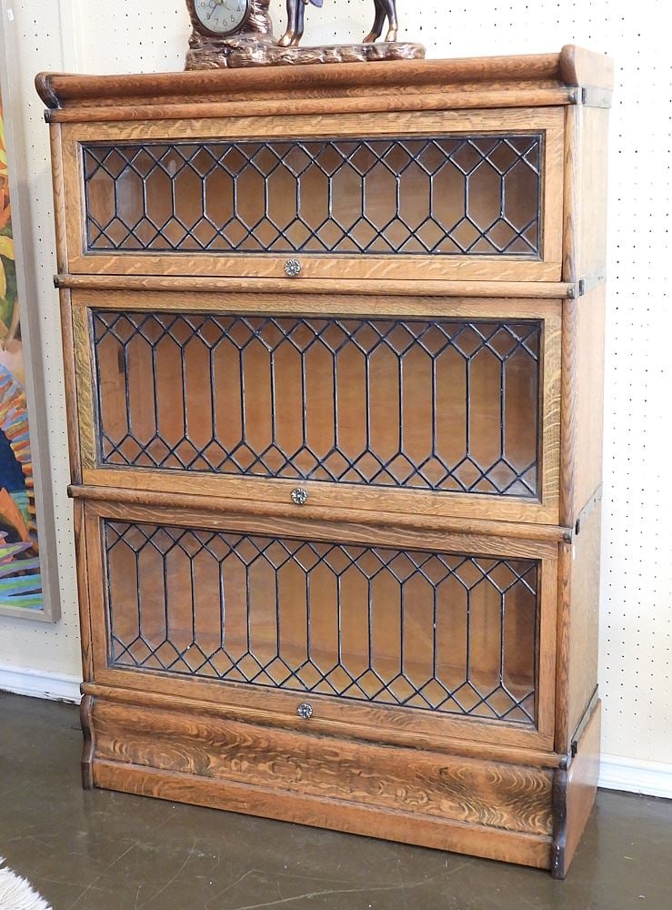 Three Section Oak & Leaded Glass Barristers Bookcase, 48 3/4"h. (1 of 4)