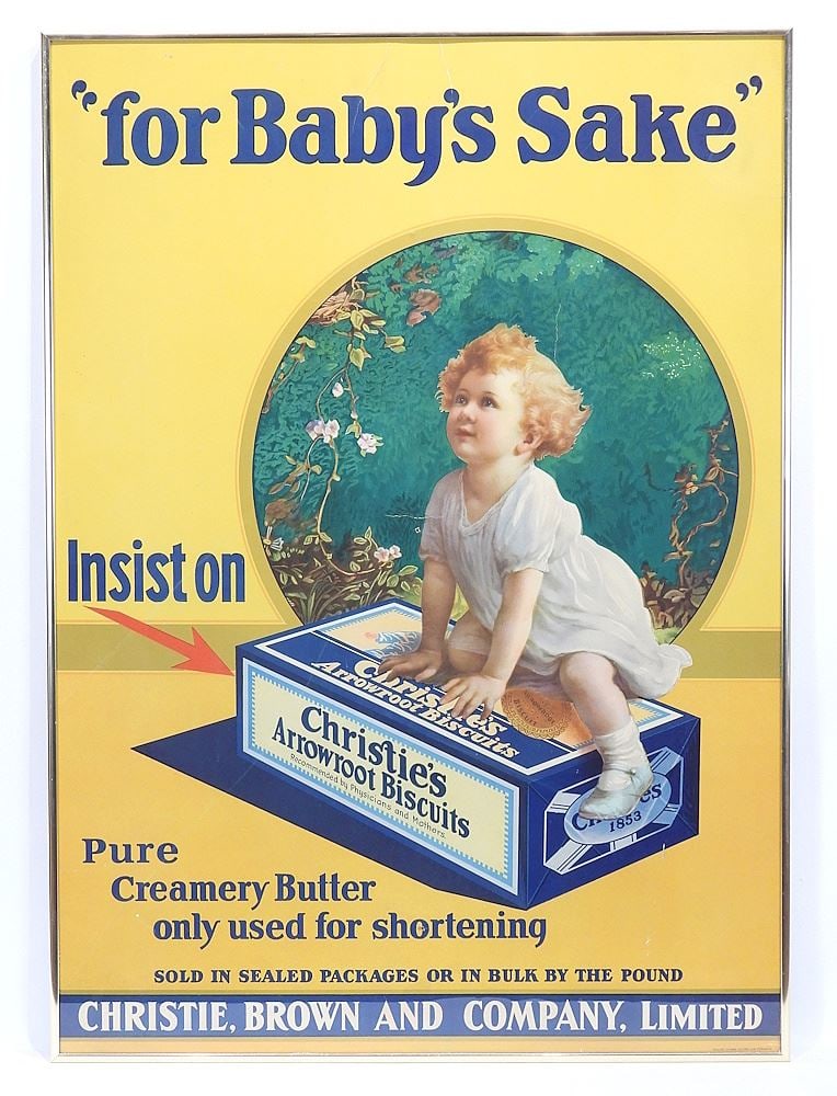 Vintage Christie's Arrowroot Biscuits "For Baby's Sake" Framed Poster.: Vintage Christie's Arrowroot Biscuits "For Baby's Sake" Framed Poster.