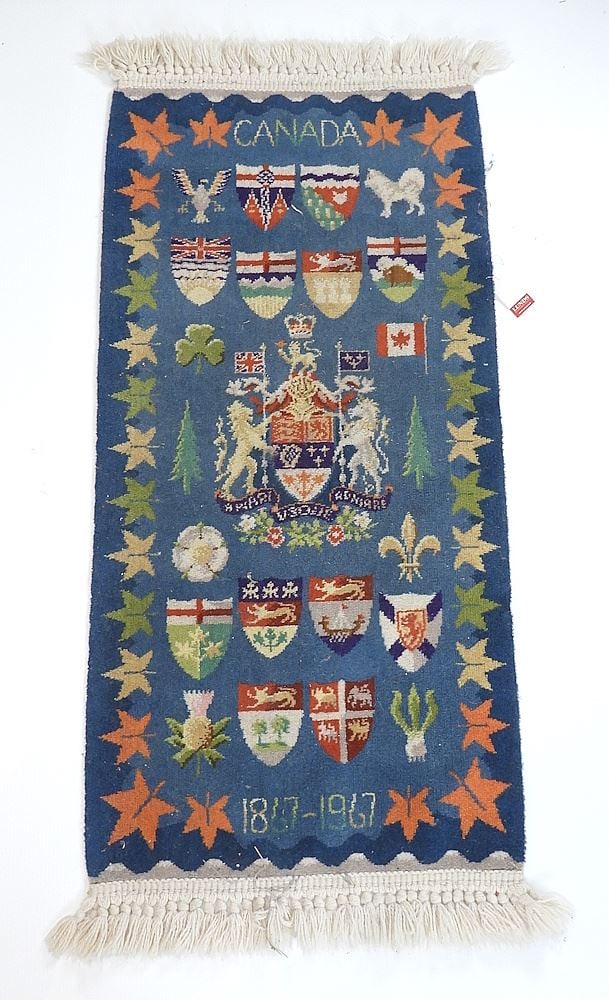Canada 1967 Provincial Emblems Hand Knotted Carpet Approximately 25 x 58".: Canada 1967 Provincial Emblems Hand Knotted Carpet Approximately 25 x 58".