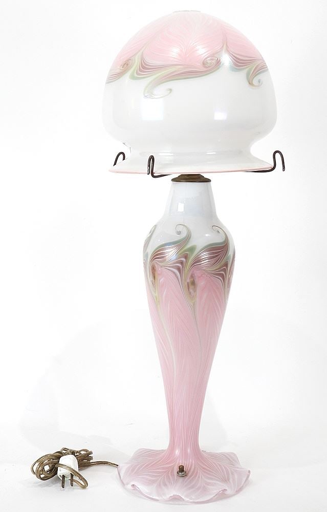 Unsigned Art Glass Table Lamp, 25 1/4" (shade cracked).: Unsigned Art Glass Table Lamp, 25 1/4" (shade cracked).