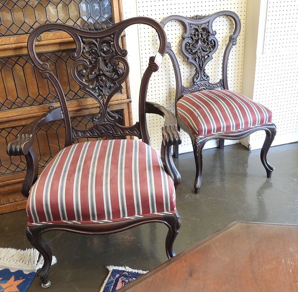 Carved Mahogany Armchair & Side Chair, 39 1/2 & 38"h. (1 of 3)