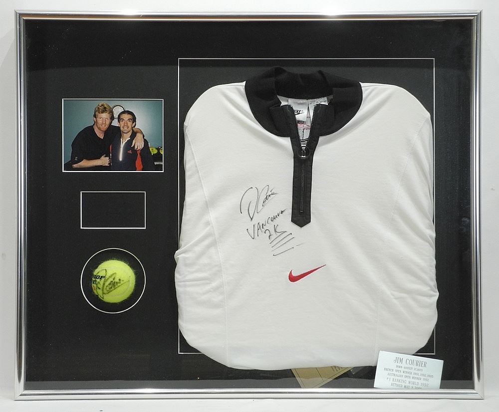 Framed signed Memorabilia of Jim Courier 1992, Vancouver, 23 x 28".: Framed signed Memorabilia of Jim Courier 1992, Vancouver, 23 x 28".