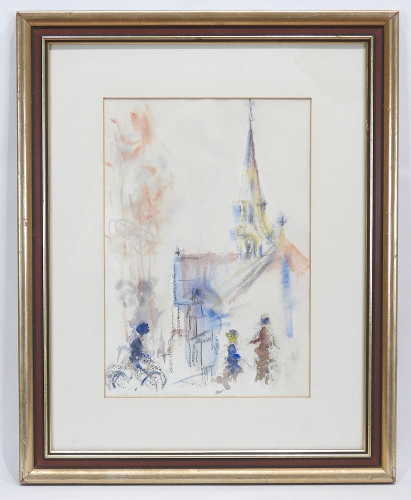 Watercolour signed Louise Bernard Seekings, 12 3/4 x 9" "Church Spire & Figures".: Watercolour signed Louise Bernard Seekings, 12 3/4 x 9" "Church Spire & Figures".