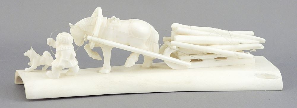 Hand Carved Bone Horse & Sled with Driver, 2 1/8 x 7 x 2 3/8".: Hand Carved Bone Horse & Sled with Driver, 2 1/8 x 7 x 2 3/8".
