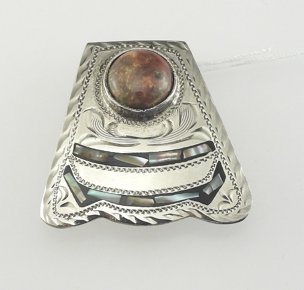 Mexican Silver Plated Bolo Tie Marked Alpaca Mex, 1 5/16"h, 16.4g.: Mexican Silver Plated Bolo Tie Marked Alpaca Mex, 1 5/16"h, 16.4g.