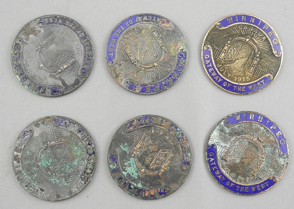 6 D.R. Dingwall Ltd. Winnipeg "Winnipeg Gateway of the West July 1915" Medallions, as found: 6 D.R. Dingwall Ltd. Winnipeg "Winnipeg Gateway of the West July 1915" Medallions, as found