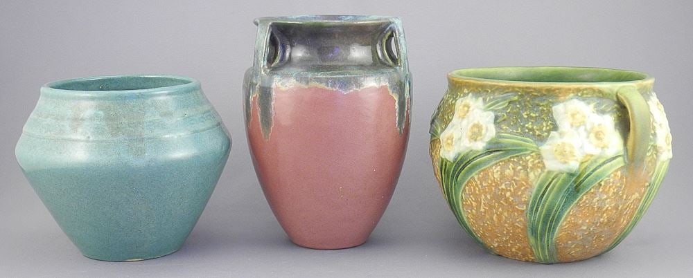 Roseville Jonquil Jardiniere with Zanesville & Fulper-Style Vase.: Roseville Jonquil Jardiniere with Zanesville & Fulper-Style Vase.