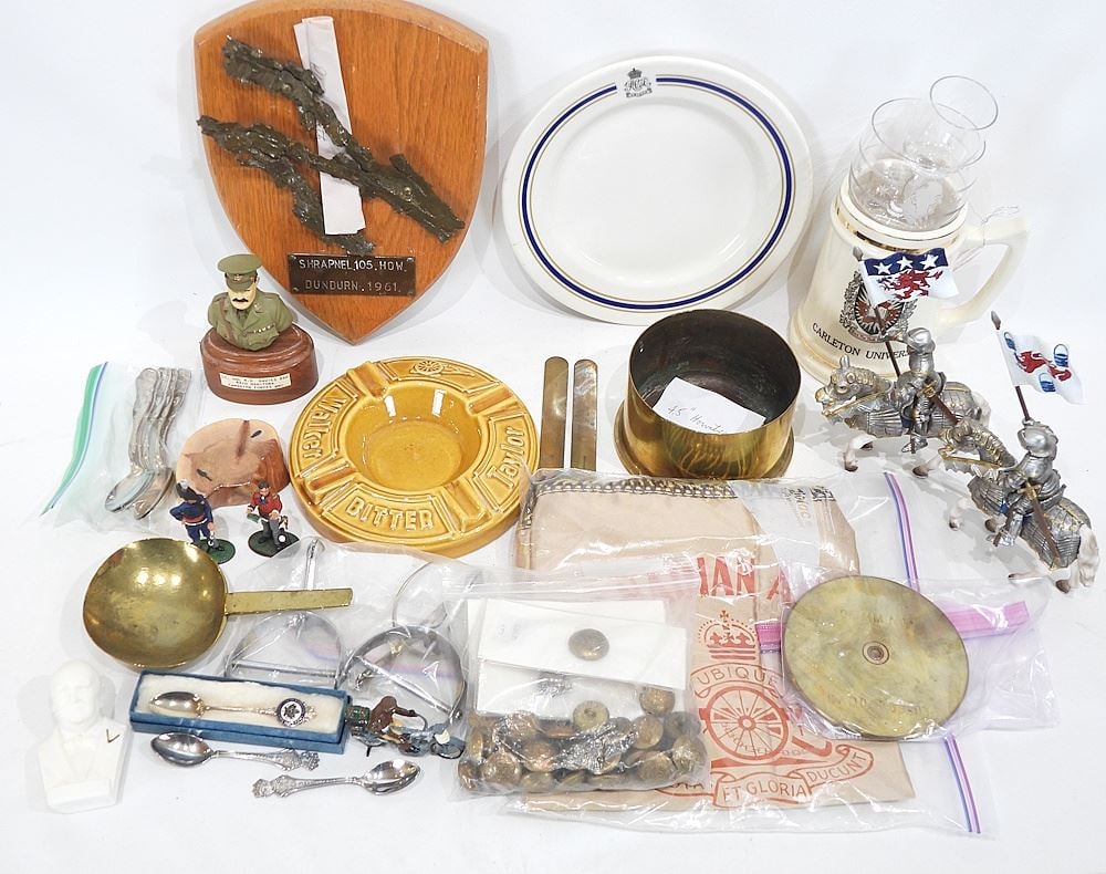 Collection of Militaria: Shrapnel Plaque/Shells/Spurs/Figures/Button Polisher.: Collection of Militaria: Shrapnel Plaque/Shells/Spurs/Figures/Button Polisher.