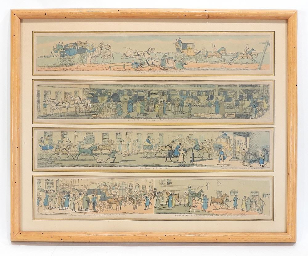 Twelve Coloured Hunting Engravings, Each 3 1/4 x 22 1/2".: Twelve Coloured Hunting Engravings, Each 3 1/4 x 22 1/2".