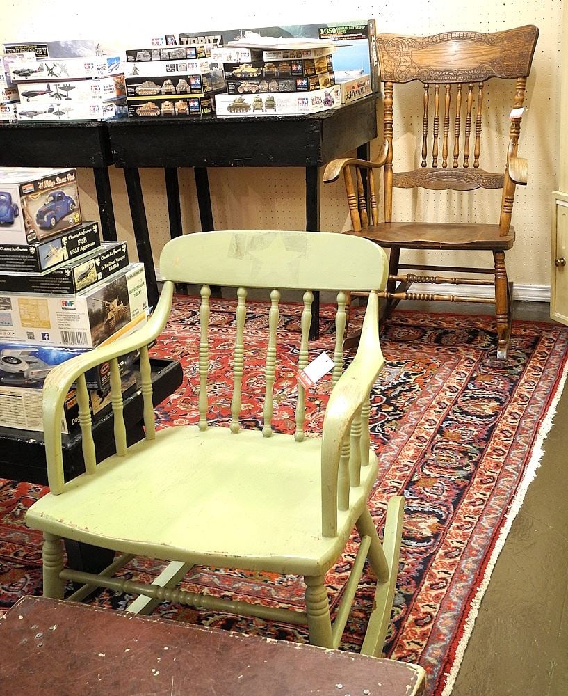 Roxton Green Painted Spindle Rocking Chair & Press Back Rocking Chair.: Roxton Green Painted Spindle Rocking Chair & Press Back Rocking Chair.