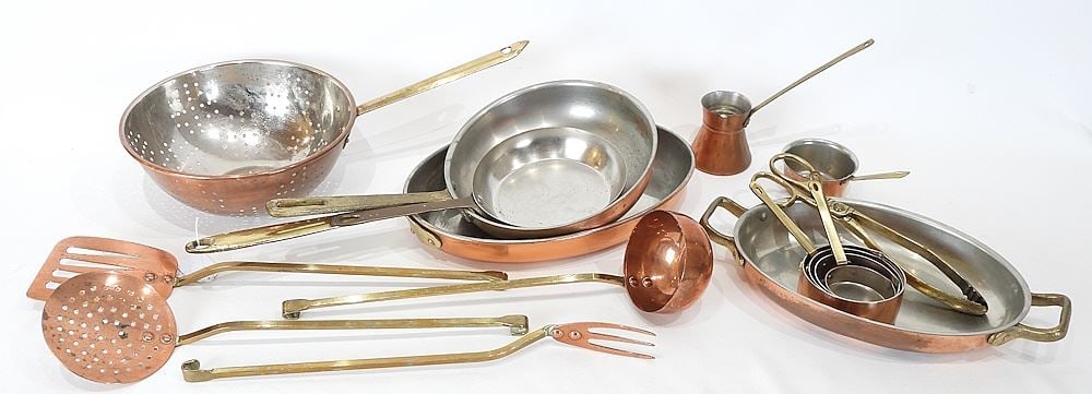 Collection of Copper Wares: Colander /Utensils/Pans, 2 1/2 - 8 3/8" Diam (1 of 4)