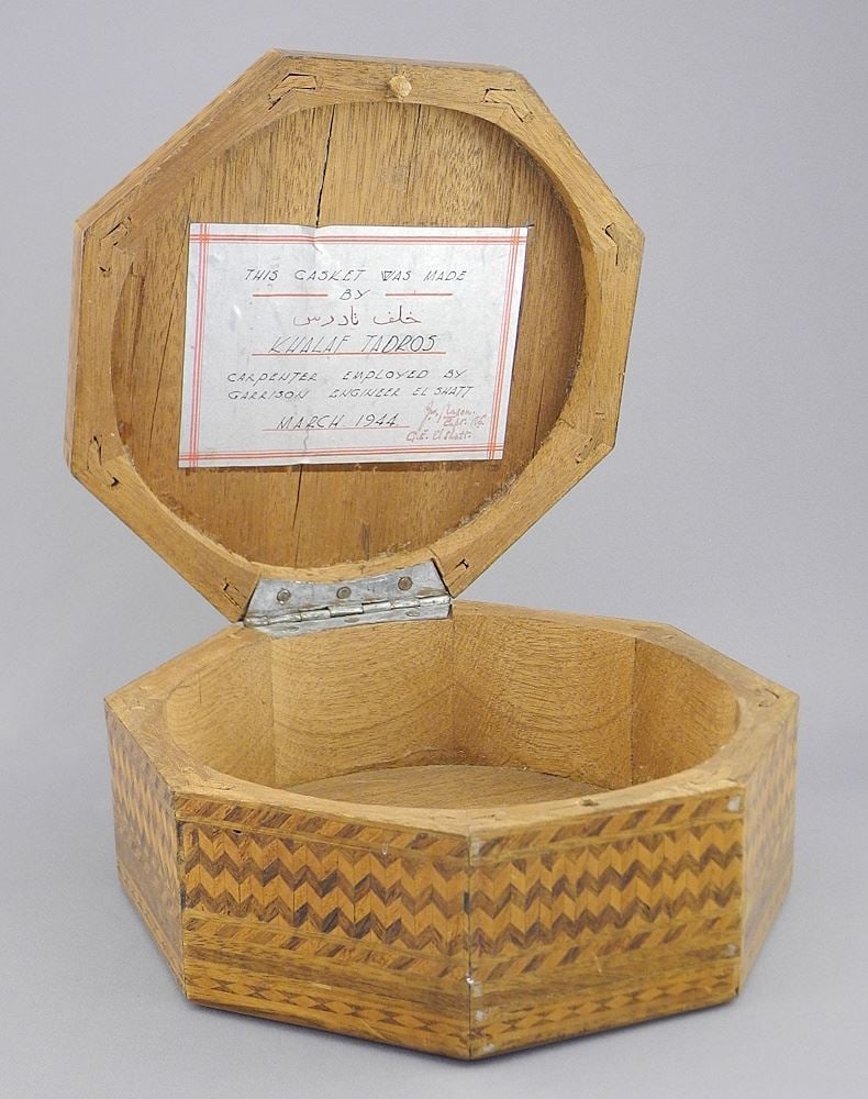 Handcrafted Casket Made by Carpenter Khalaf Tadros 1944, 3 1/4 x 7 5/8 x 7 1/4".: Handcrafted Casket Made by Carpenter Khalaf Tadros 1944, 3 1/4 x 7 5/8 x 7 1/4".