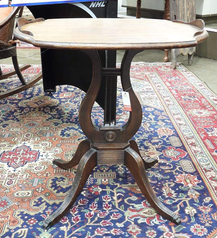 Canadian Walnut Lyre Base Side Table , 26 7/8"h (chip noted). (1 of 2)