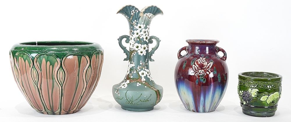 Four pcs of Awaji & Japanese Pottery: Jardiniere/Pot/2 Vases, 4 1/4 - 11 3/4"h. (1 of 2)