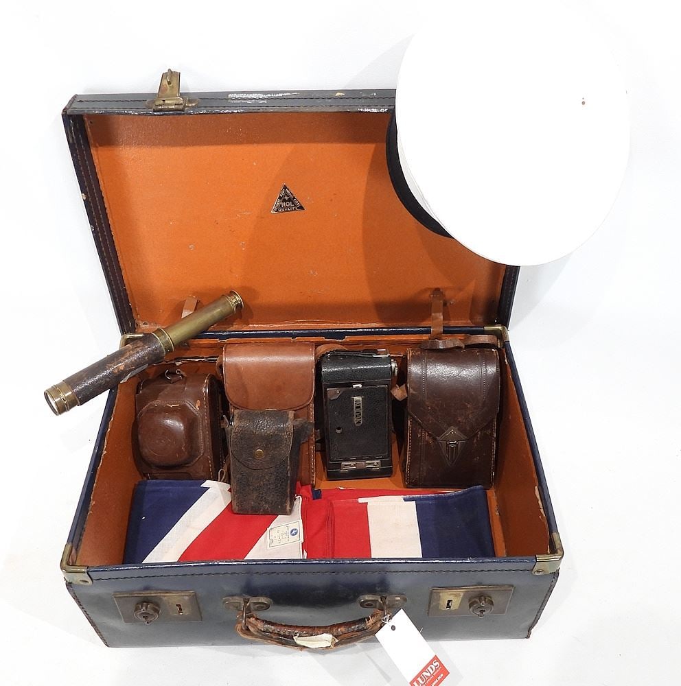 Leather Valise (17 1/2"w) with Old Cameras/Regimental Photo/Colmer Flags/Service Cap. (1 of 3)