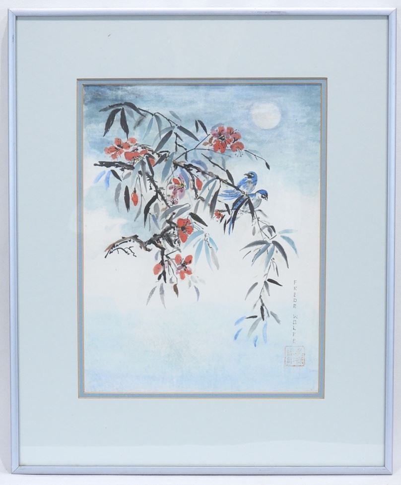Watercolour signed Freda Wolfe, 10 1/4 x 7 7/8" "Asian Style Moonlit Birds".: Watercolour signed Freda Wolfe, 10 1/4 x 7 7/8" "Asian Style Moonlit Birds".