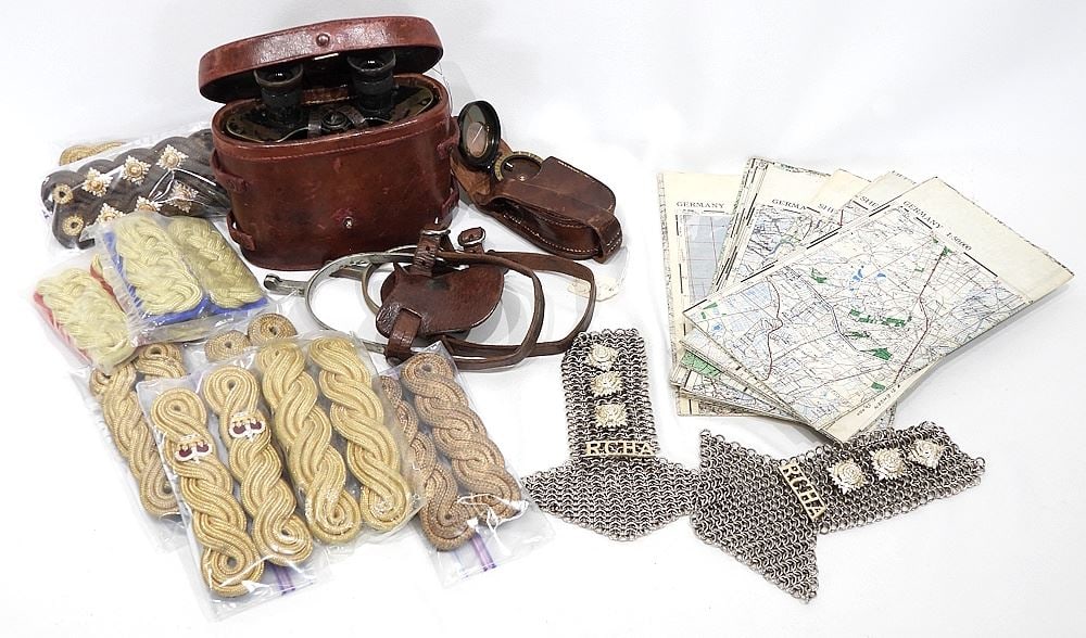 Militaria Collection: Ross Binoculars/Barkers Compass/Spurs/ Maps/ Braiding.: Militaria Collection: Ross Binoculars/Barkers Compass/Spurs/ Maps/ Braiding.