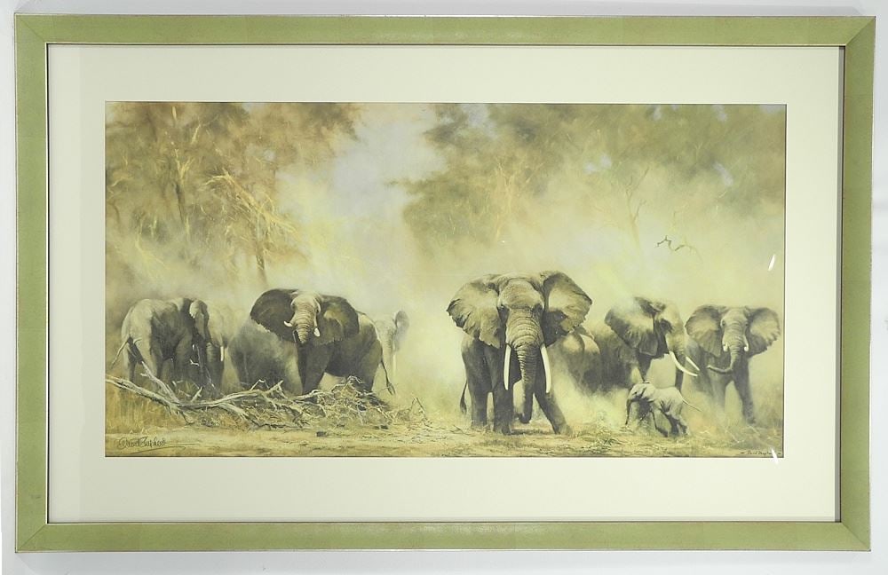 Colour Print signed David Shepherd, 19 1/2 x 37 1/4", "Elephants at Amboselli".: Colour Print signed David Shepherd, 19 1/2 x 37 1/4", "Elephants at Amboselli".