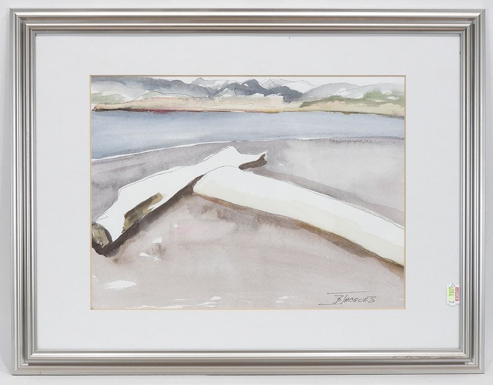 Watercolour signed B. (Brenda) Jacques, 8 1/2 x 10 3/8" "Taylor Beach Logs".: Watercolour signed B. (Brenda) Jacques, 8 1/2 x 10 3/8" "Taylor Beach Logs".