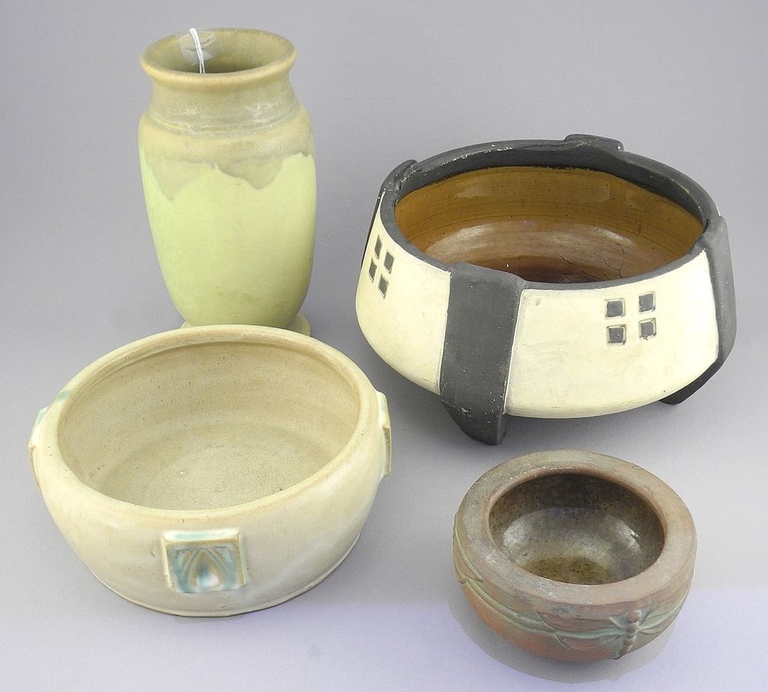Four pcs American Art Pottery: Two Peters & Reed, Two Unmarked, 2 5/8 - 7 1/8"h. (1 of 3)