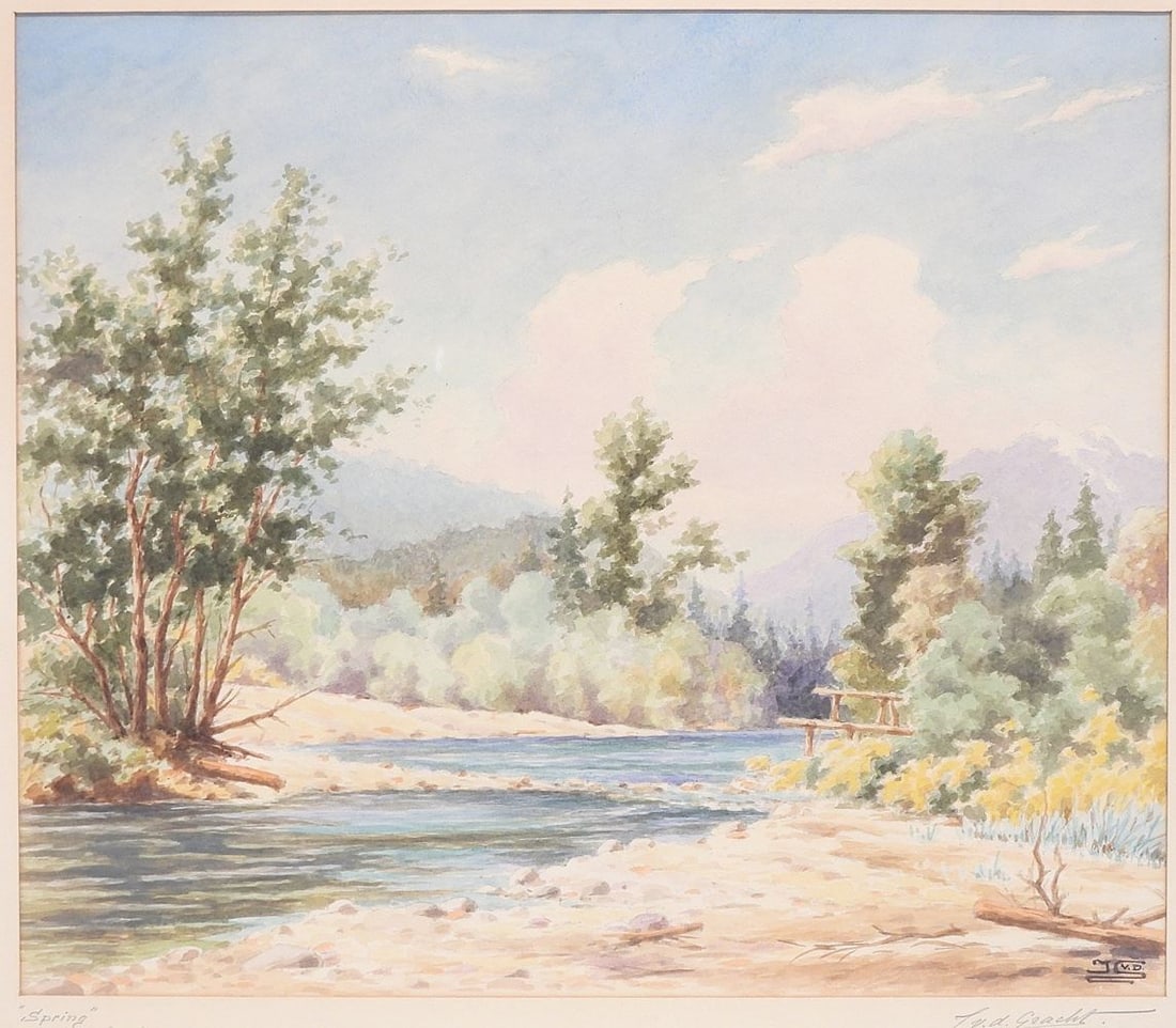 Watercolour Monogrammed JVDG (J. Van der Gracht), 12 1/2 x 14 3/4", "Spring, Capilano River".: Watercolour Monogrammed JVDG (J. Van der Gracht), 12 1/2 x 14 3/4", "Spring, Capilano River".