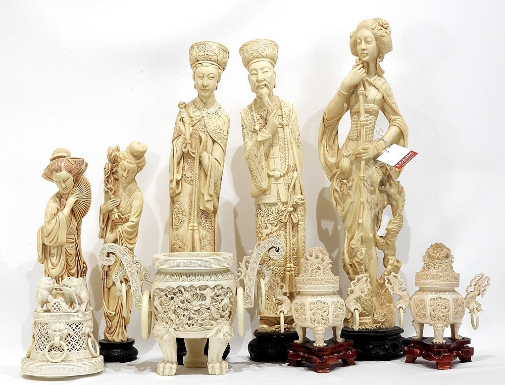 Collection of 1950's Faux Ivory Ornaments, 5 7/8 - 20 3/4"h.: Collection of 1950's Faux Ivory Ornaments, 5 7/8 - 20 3/4"h.