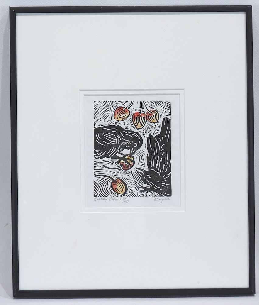 Lino Relief Print signed Kungold (Amman), 4 3/4 x 4" "Crabby Crows" #3/25.: Lino Relief Print signed Kungold (Amman), 4 3/4 x 4" "Crabby Crows" #3/25.