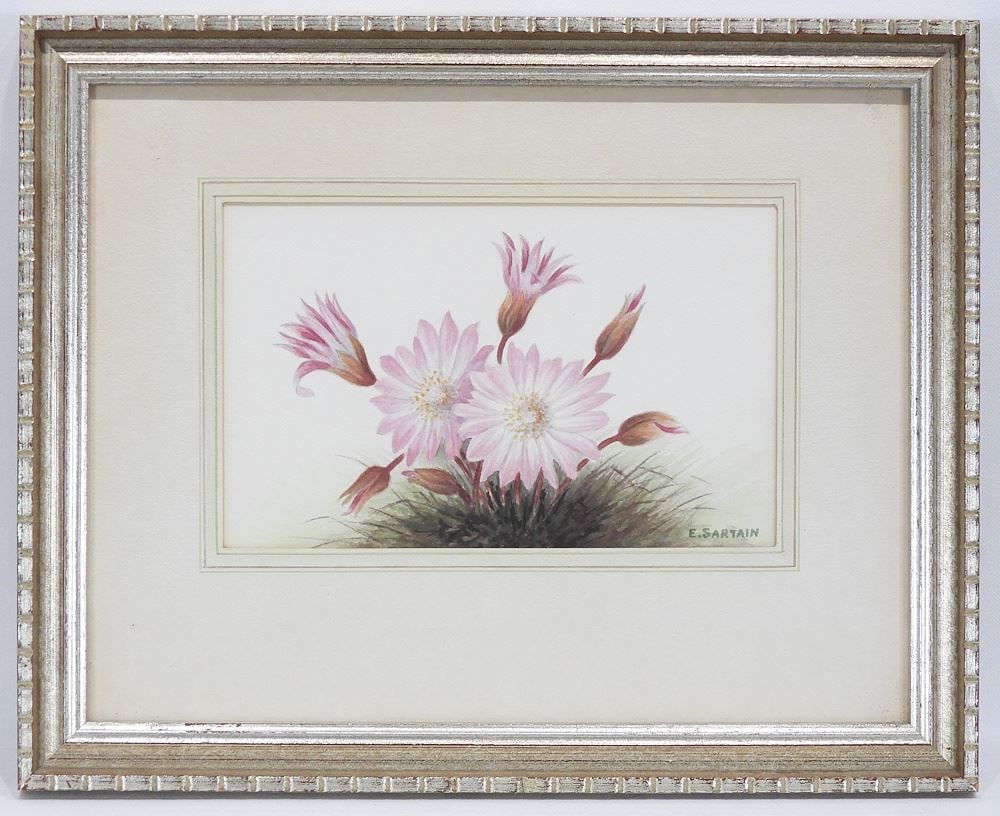 Watercolour signed E. (Emily) Sartain, 5 1/8 x 8 1/4" "Pink Flowers".: Watercolour signed E. (Emily) Sartain, 5 1/8 x 8 1/4" "Pink Flowers".