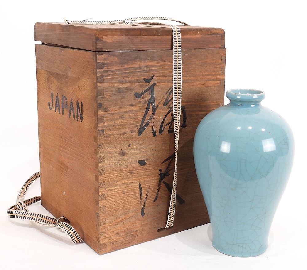 Japanese Cobalt Celadon Glazed Vase in Case, 8"h (rim rubbed).: Japanese Cobalt Celadon Glazed Vase in Case, 8"h (rim rubbed).