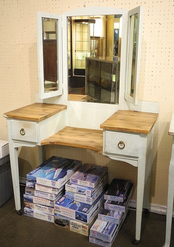 Vintage Aqua Painted Dressing Table & Mirror, 57 1/2"h & Side Table.: Vintage Aqua Painted Dressing Table & Mirror, 57 1/2"h & Side Table.